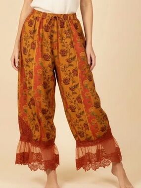 Heimish Mustard Floral Wide-Leg Lace Hem Harem Pants